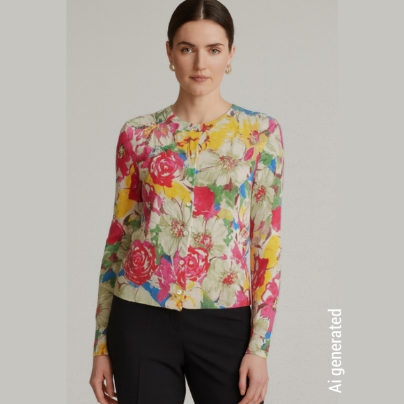 Lord & Taylor Multicolor Floral 100% Merino Wool Buttong Front Cardigan, XL - Picture 2 of 13